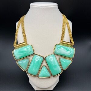 VTG Amrita Singh Statement Necklace Green Gold Chunky Geometric Marbled Resin